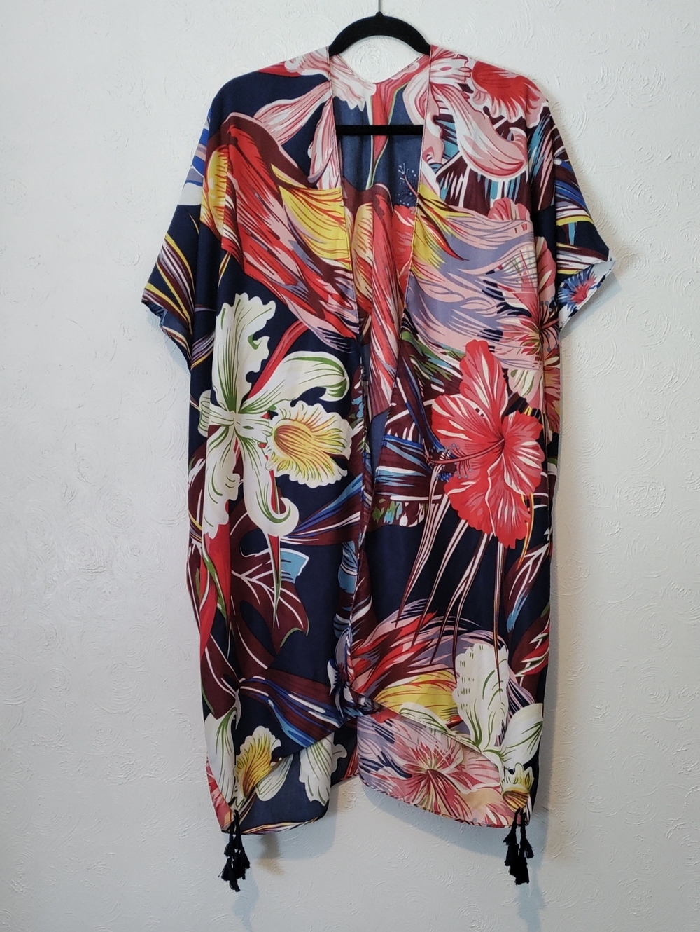 Jessica McClintock Navy and Red Floral Bird pattern Open Swim Cover